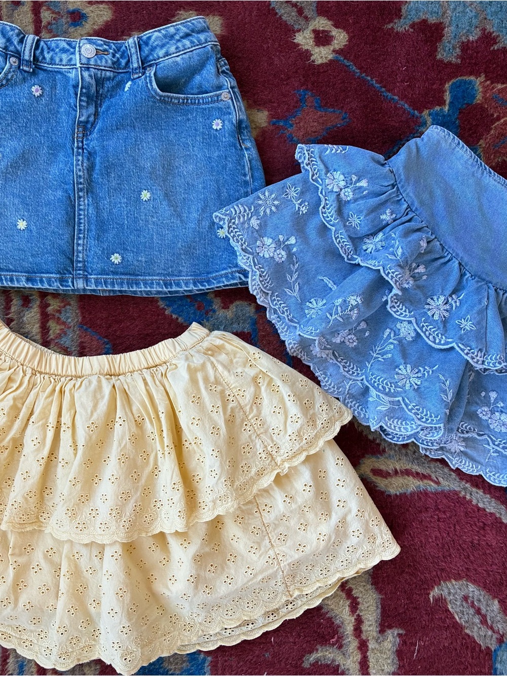 3 summer girls skirts/skort bundle 6-7 blue jean embroidered and yellow eyelet